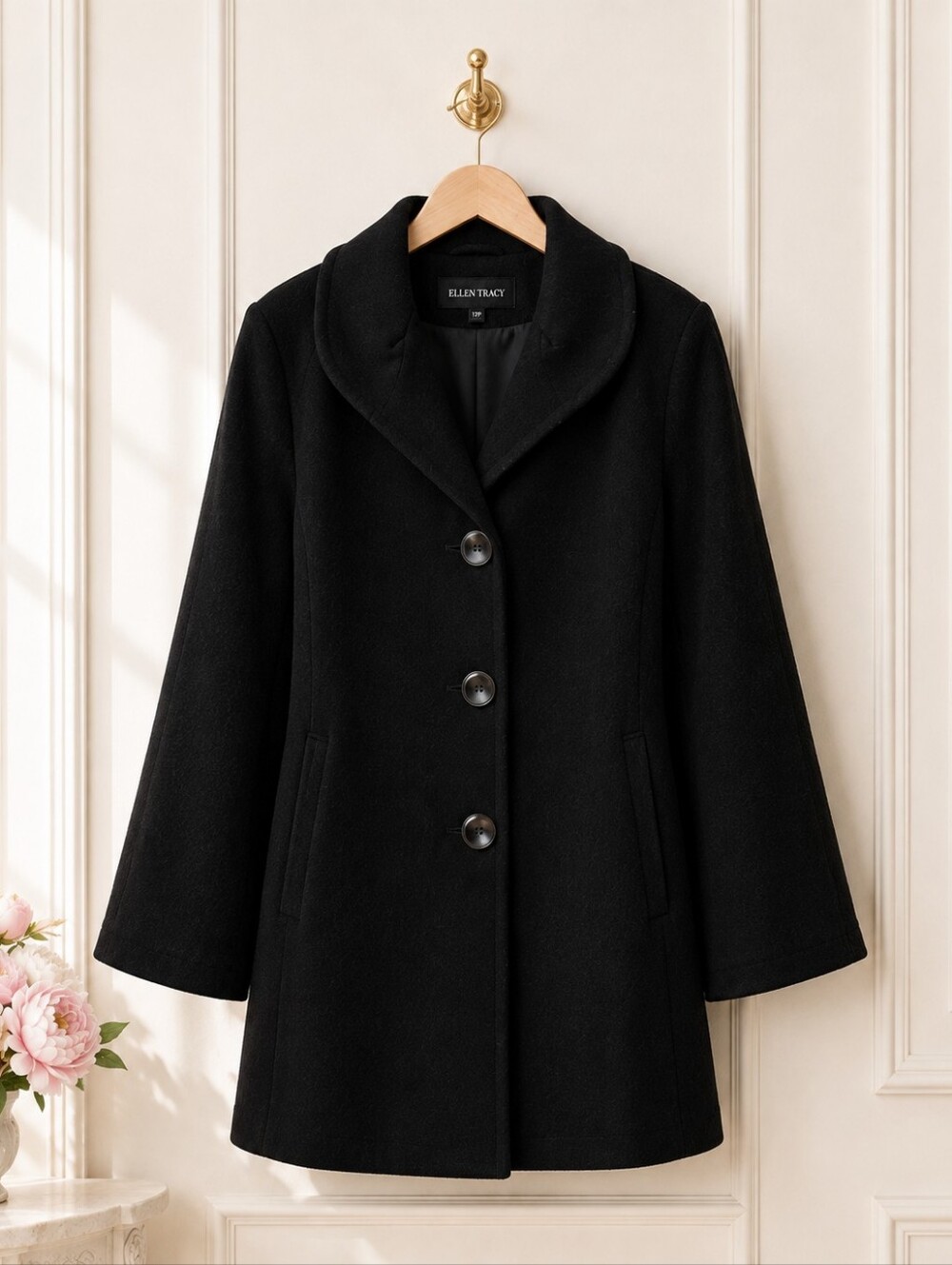 NWOT Ellen Tracy | Angora Wool Blend Black Coat| Size 12P Petite | Quiet Luxury - Picture 6 of 11